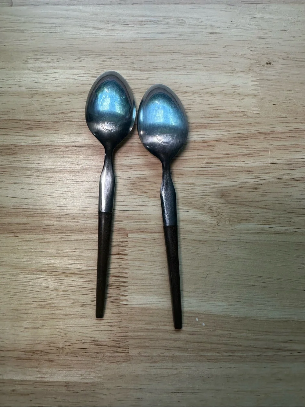 Vintage Set of 2 Ecko Eternal ESK14 Steel Spoons with Brown Handles and flower